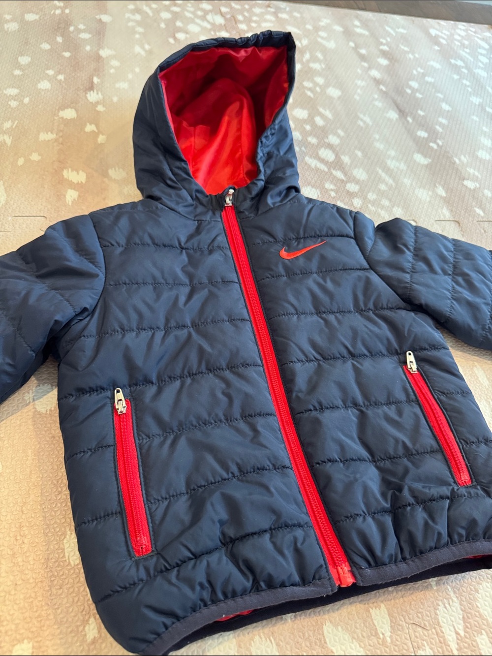 Nike Toddler Boys Puffer Jacket 2T Navy Red Hooded Zip Coat Winter - Picture 7 of 9